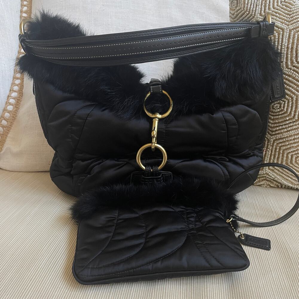 Rare Y2K Coach Black Soho Ski Bunny Hobo 3587 + Wristlet Rabbit Fur 2PC Set NWOT